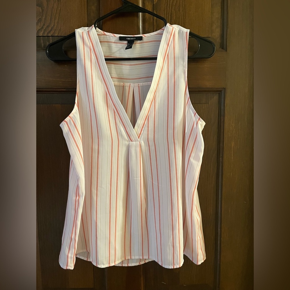 Forever 21 V-Neck Striped Blouse - Pink and White